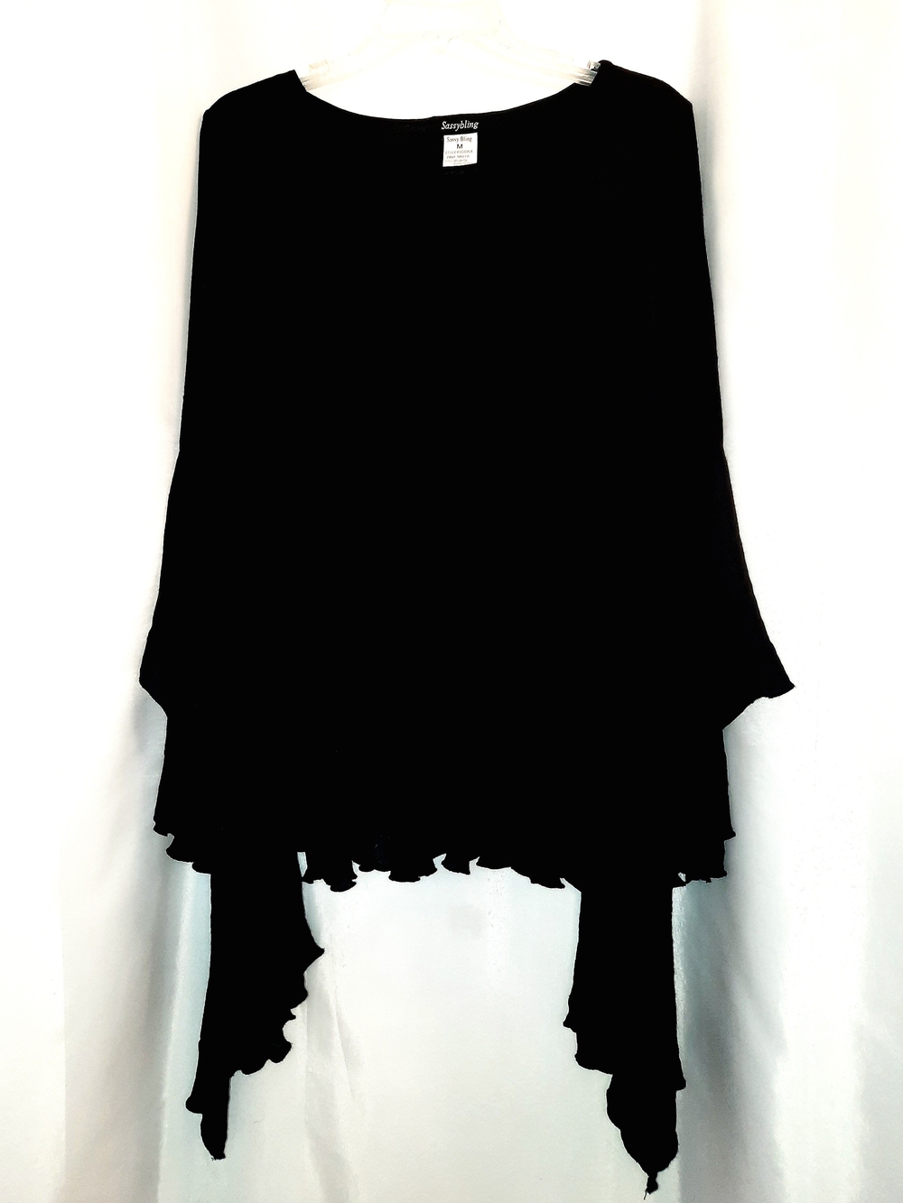 Sassybling Black Sheer Bell Sleeve Ruffle Blouse Womens MD